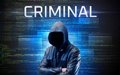 Faceless hacker on code background