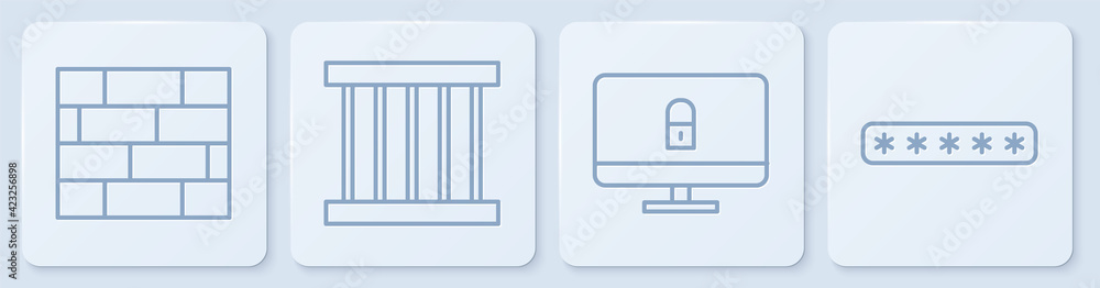 Poster set line bricks, lock on computer monitor, prison window and password protection. white square butto
