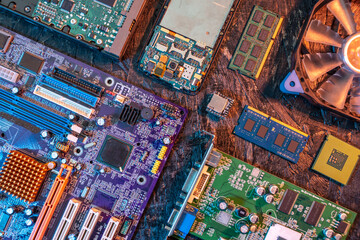 Computer hardware configuration is laid out on a dark background. Concept of a modern solid-state...