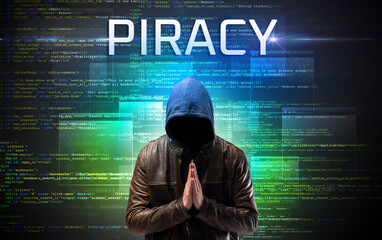 Faceless hacker on code background