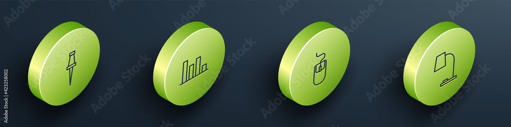 Aufkleber set isometric push pin, pie chart infographic, computer mouse and table lamp icon. vector