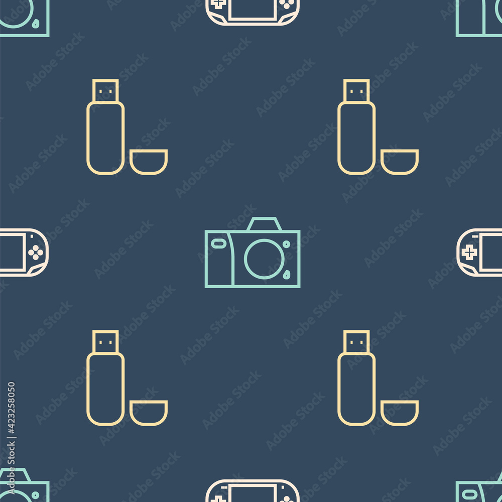Poster set line portable video game console, usb flash drive and photo camera on seamless pattern. vector