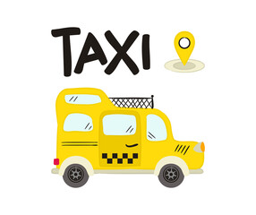 Hand drawn Yellow taxi with roof rack. Cab isolated on white background. Doodle Vector illustration on the theme of travel, transport, traffic, trip, navigation.