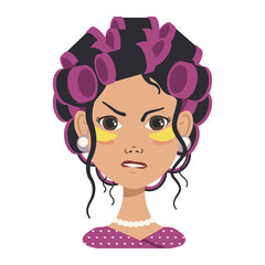 Avatars with different emotions. Girl with pink curlers and yellow patches. Fashion avatar in flat vector art
