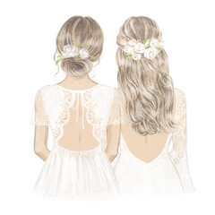 Bride and Bridesmaid with white roses in hair. Hand drawn Illustration - 423259243