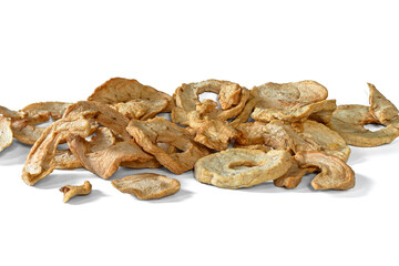 Dried apple rings, apple chips in close up. Organic dried fruit isolated on white background.