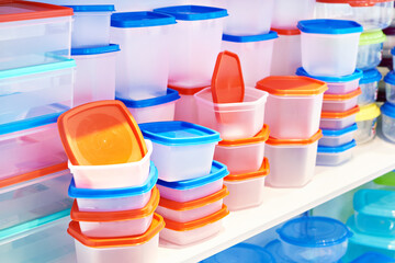 Plastic kitchen food containers in store
