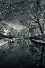 Black and white creepy lake surrounded by leafless winter trees 