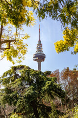 Torrespa&ntilde;a building, commonly known as Piruli in Madrid, surrounded by trees and yellow flowers in a sunny day during spring 