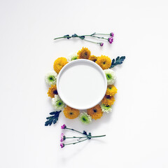 Floral round background frame copy space, flat lay, top view