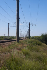 Turn of the railway in the field against the background of trees