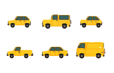 3d representation voxel art illustration of isometric vehicles, being car, jeep, van, pickup. They are simple models reminiscent of a lot of pixel art