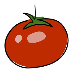 Obraz premium The tomato is drawn with a single black line. Doodle style. Under the main line is a red spot with a glare. Linear style. Stock vector illustration. Isolated objects. Simple vector illustration