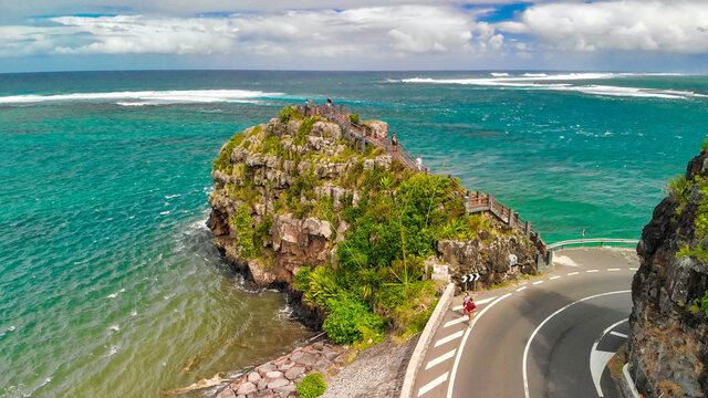 Maconde viewpoint, Mauritius. Cape Flinders with road and ocean