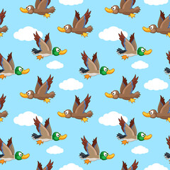 Ducks are flying in the sky against the background of clouds. funny ducks in cartoon style. Seamless vector pattern.