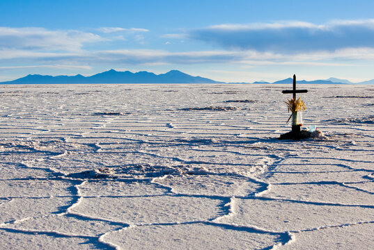 Crosses mark where people died in a head-on collision that killed a driver and some tourists in the Salar de Uyuni, Bolivia     