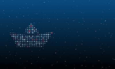 On the left is the paper boat symbol filled with white dots. Background pattern from dots and circles of different shades. Vector illustration on blue background with stars