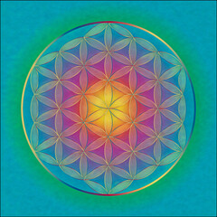 Flower of Life Rainbow Colors With Gradients Background. Sacred Geometry Symbol. 