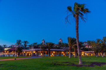 Sunset view of a seaside promenade at Maspalomas, Gran Canaria, Canary Island, Spain