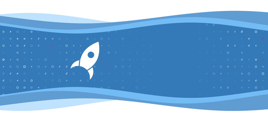 Blue wavy banner with a white rocket symbol on the left. On the background there are small white shapes, some are highlighted in red. There is an empty space for text on the right side