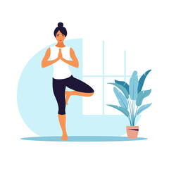 Young woman practices yoga. Physical and spiritual practice. Vector illustration in flat cartoon style.