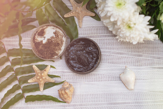 image of homemade cosmetics ingredients. aroma theme. Black mask, clay.
