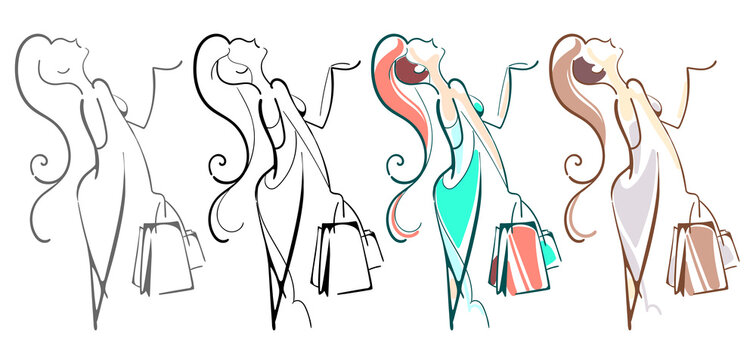 Silhouette of a woman shopping. Stylized line. Shopping trip. The girl walks.