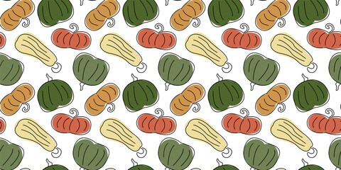 Funny festive autumn seamless pattern with pumpkins of different shapes and colors. Cool print for greeting cards, posters and banner ads for Thanksgiving. Stylish ornament for fashionable clothes
