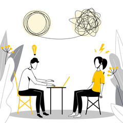 Psychotherapy concept. Psychologist and patient in therapy session. Treatment of stress, addictions and mental problems.