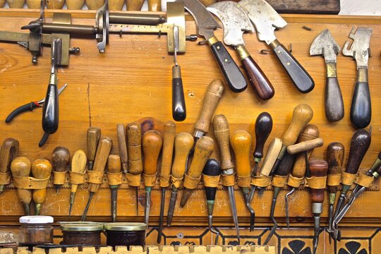 Sevilla, Andalusia, Spain. Ancient tools for shoe making. 