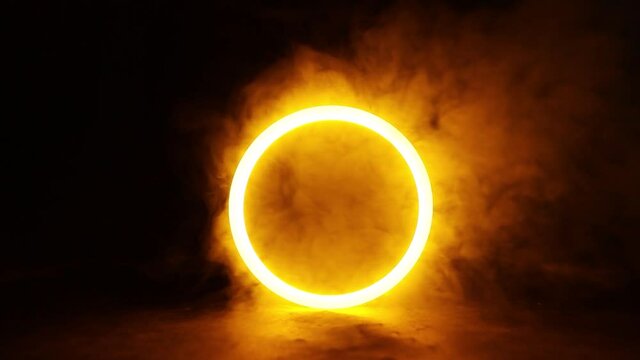 Sci Fi modern. Futuristic smoke. Neon color geometric circle on a dark background. Round mystical portal.