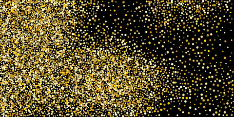 Golden point confetti on a black background.  Illustration of a drop of shiny particles. Decorative element. Element of design. Vector illustration, EPS 10.