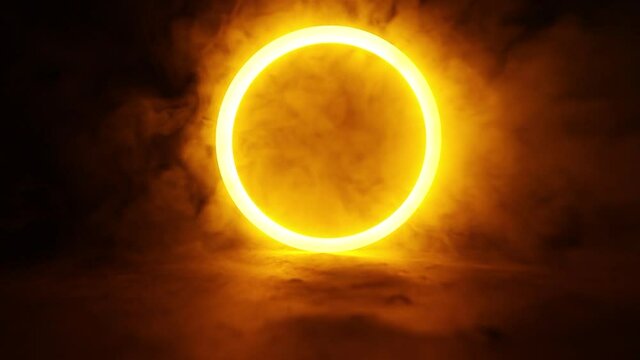 Sci Fi modern. Futuristic smoke. Neon color geometric circle on a dark background. Round mystical portal.