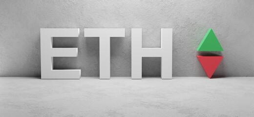 3d render of a crypto currency ETH sign on a wall, Ethereum abbreviation, up and down arrows
