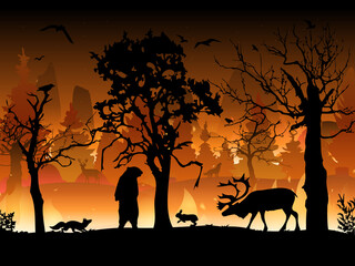 Forest fire. Burning spruces and oak trees, wood plants in flame. Forest fires with silhouettes of wild animals.