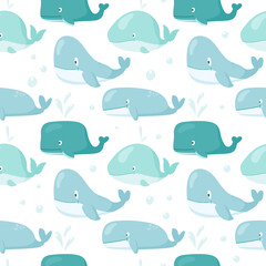 Vector cute cartoon seamless pattern. Funny childish isolated images of whales of different shapes and sizes. Doodle pictures of underwater fauna for background decoration and wrapping paper.