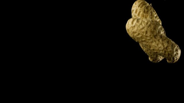 Macro shot in slow motion of peanuts falling over black background