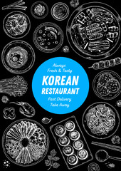 Korean food top view illustration. Hand drawn sketch. Bibimbap, kimchi, kimbap, noodles, skewers. Korean street food, take away menu design. Vector illustration.