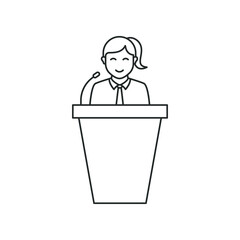 Woman speaks from podium tribune. Public speaking line icon concept isolated on white background. Vector illustration