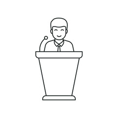 Man speaks from podium tribune. Public speaking line icon concept isolated on white background. Vector illustration
