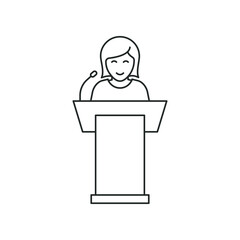Woman speaks from podium tribune. Public speaking line icon concept isolated on white background. Vector illustration