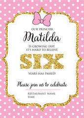Birthday invitation for girl, six years old party. Printable vector template with pink background with white polka dots, invite with text.