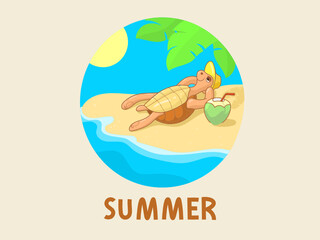 A cute turtle is sunbathing on the beach by the water. Cartoon illustration of a holiday by the sea. Summer lettering and badge with summer pattern.
