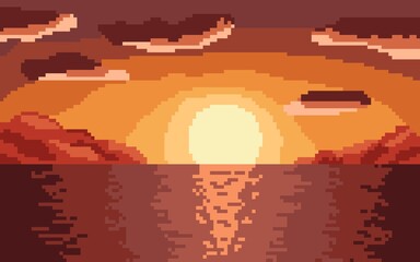 Sunset pixel art. The sea in the setting sun pixel art.