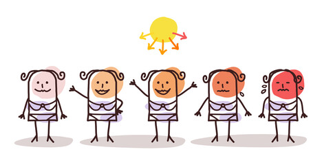 Cartoon Woman Sunbathing and dangerous Sun rays