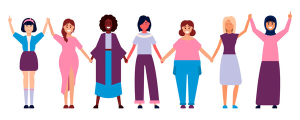 Diverse international and interracial group of standing women. For girls power concept, femininity and feminism ideas, women s empowerment, and role card design