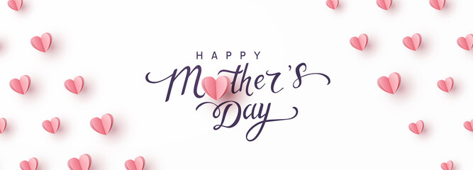 Mother's day greeting card. Vector banner with pink paper hearts. Symbols of love and lettering on white background