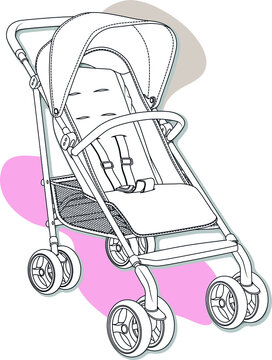 Baby pram design VECTOR. THE STROLLER flat sketch