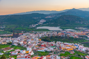 Sunset aerial view of Arucas town at Gran Canaria, Canary Islands, Spain