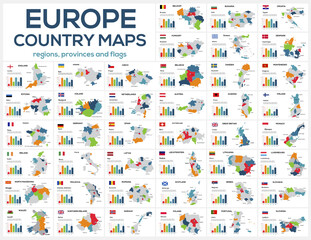 Set of maps of the countries of Europe. Image of global maps in the form of regions regions of Europe countries. Flags of countries. Timeline infographic. Easy to edit